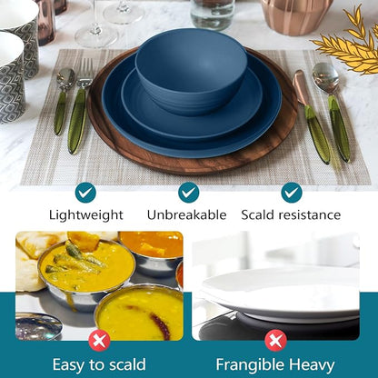 Teivio 32-Piece Kitchen Plastic Wheat Straw Dinnerware Set, Service for 8, Dinner Plates, Dessert Plate, Cereal Bowls, Cups, Unbreakable Colorful Plastic Outdoor Camping Dishes, Autumn Blue