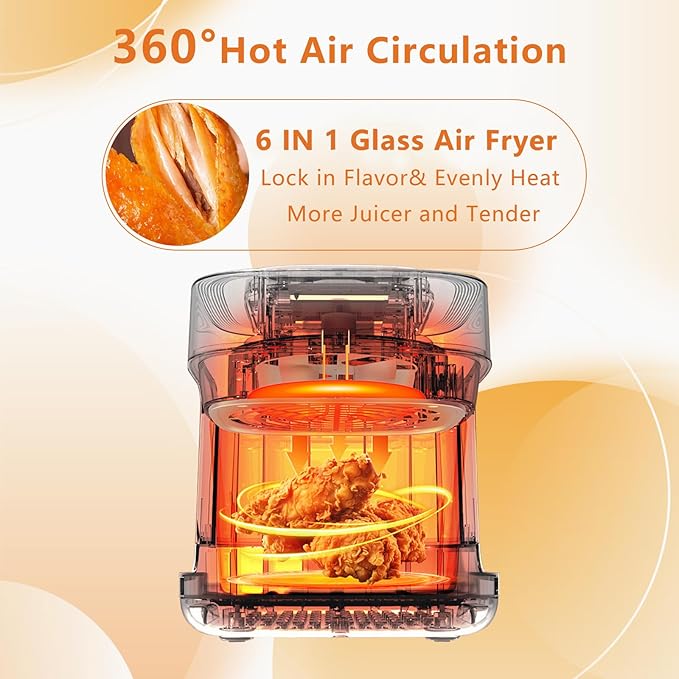7.3QT Glass Air Fryer with See-Through Bowl, 360° Hot Air Circulation, 5 Presets, 1200W Fast Heating, Dishwasher Safe (Black)