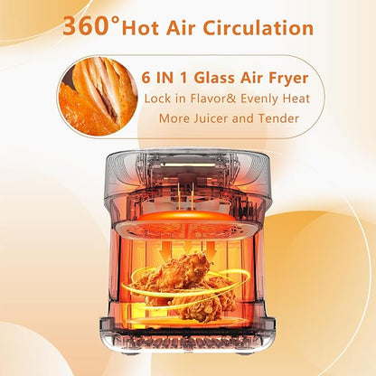 7.3QT Glass Air Fryer with See-Through Bowl, 360° Hot Air Circulation, 5 Presets, 1200W Fast Heating, Dishwasher Safe (Black)
