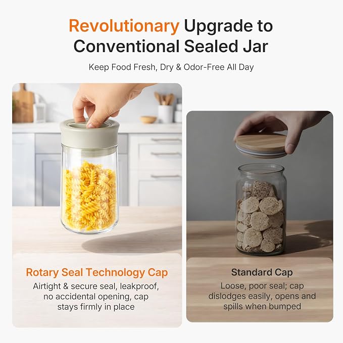 Upgraded Rotary Airtight Glass Jar with Lid, Borosilicate Coffee Storage Container, 800ml/27oz Stackable Pantry Organizer for Coffee Beans Grounds, Pasta, Flour, Nuts, Sugar, Candy, Snack
