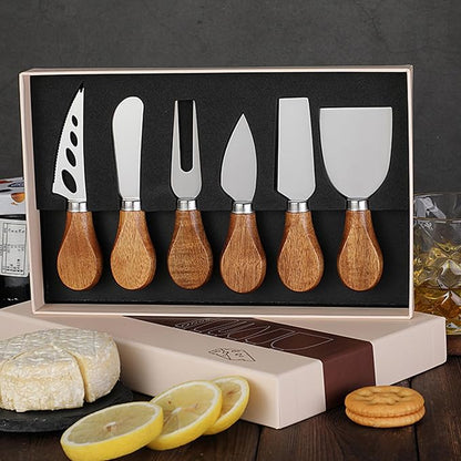 6 Pieces Cheese Knife Set,Cheese Knives Cheese Slicer Cheese Cutter Cheese Fork,Cheese Spreading Knife,Wood Handle Stainless Steel Slicer for Charcuterie Boards Cutlery Gift Set