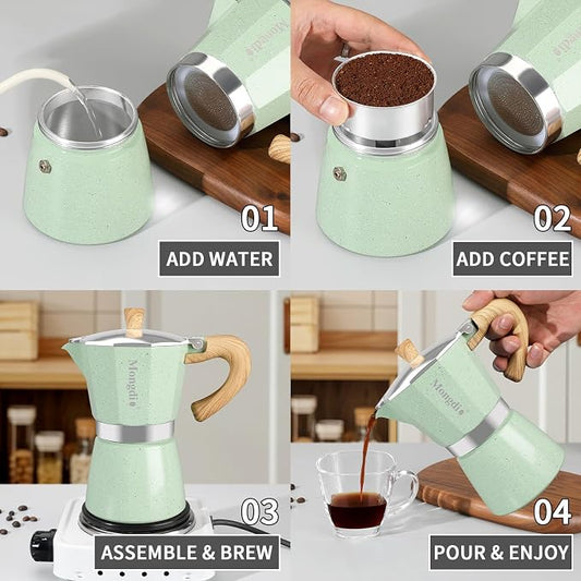 Mongdio Stovetop Espresso Maker Moka Pot, Cuban Coffee Maker Stove top coffee maker Moka Italian Espresso Greca Coffee Maker Brewer Percolator, 6 Espresso Cups, 10 oz - Green