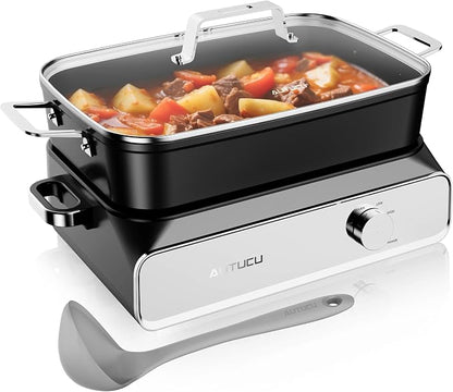 Slow Cooker 10-Quart - PFOA-Free Ceramic Coating, Oven Safe to 450°F | Keep Warm Function for Large Family Gatherings (Includes Silicone Spoon)