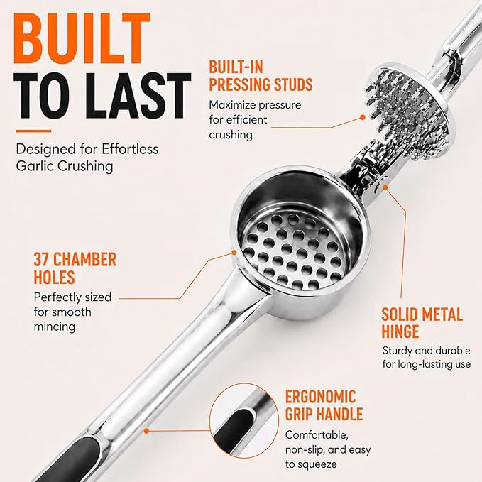 CUNSENR Garlic Press Set, Premium Rust Proof Garlic Mincer Tool with Ergonomic Handle, Easy Squeeze & Easy Clean Garlic Crusher, Dishwasher Safe with Silicone Peeler and Brush - Silver