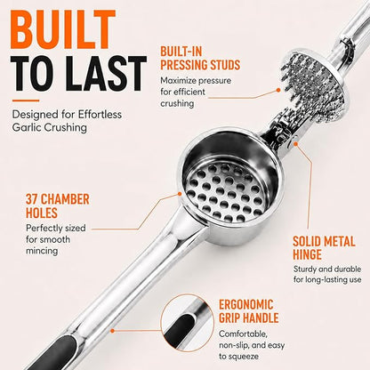 CUNSENR Garlic Press Set, Premium Rust Proof Garlic Mincer Tool with Ergonomic Handle, Easy Squeeze & Easy Clean Garlic Crusher, Dishwasher Safe with Silicone Peeler and Brush - Silver