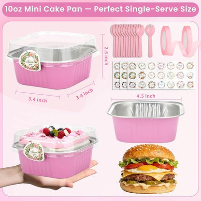 245 PCS 10 oz Mini Cake Pans with Lids, 60 Pack 4.4x4.4 Large Aluminium Foil Pan Mini Cake Tins with Lids and Spoons, Square Individual Baking Pan Cup for Wedding Birthday Party Picnics