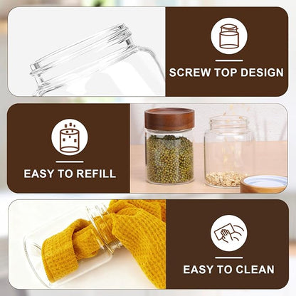 11oz Glass Jar with Wood Lid, 2 Pack 320ml Glass Canister with Airtight Lids, Wooden Screw Top Coffee Jars Clear Kitchen Pantry Containers for Sugar, Tea, Overnight Oats, Bean, Candy, Cookie