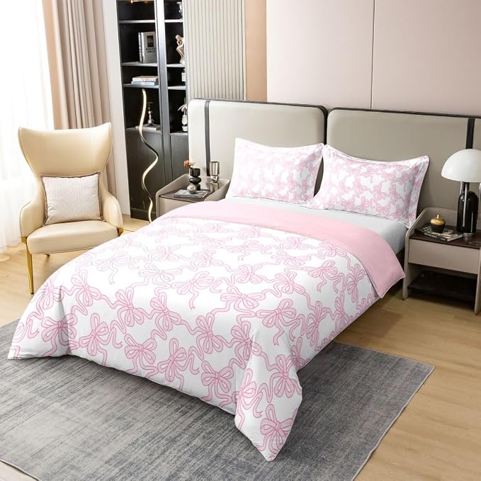 Castle Fairy 100% Nature Cotton Pink Bowknot Duvet Cover Queen Size 3 Pcs Kawaii Watercolor Ribbon Bow Bedding Set Room Decor Gifts Coquette Bowtie Comforter Cover,Comforter Not Included