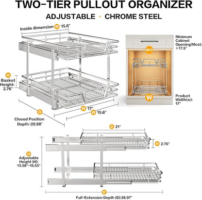 2-Tier Kitchen Cabinet Pull Out Cabinet Organizer,Shelf and Drawer Organizer Slide Out Pantry Storaqe Basket in Multiple Sizes (17" W x 21" D)