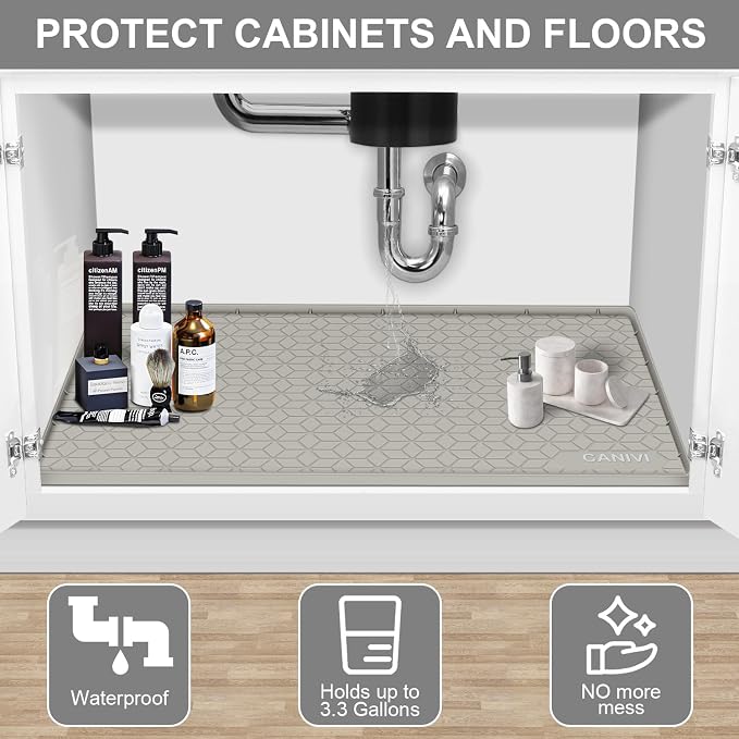 Under Sink Mat, 34" x 22" Waterproof Silicone Under Sink Tray for Kitchen & Laundry Cabinets, Kitchen Cabinet Shelf Protector, Up to 3.3 Gallons Liquid, Fits 36 inch Standard Cabinet(Grey)