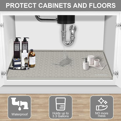 Under Sink Mat, 34" x 22" Waterproof Silicone Under Sink Tray for Kitchen & Laundry Cabinets, Kitchen Cabinet Shelf Protector, Up to 3.3 Gallons Liquid, Fits 36 inch Standard Cabinet(Grey)