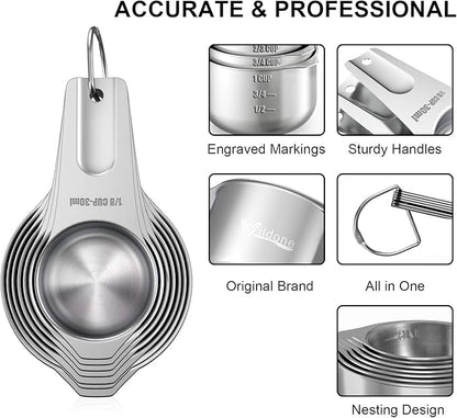 Measuring Cups and Magnetic Measuring Spoons Set, Wildone Stainless Steel 7 Measuring Cups, 8 Double Sided Stackable Magnetic Measuring Spoons, 1 Leveler & 5 Mini Spoons - 21 Piece
