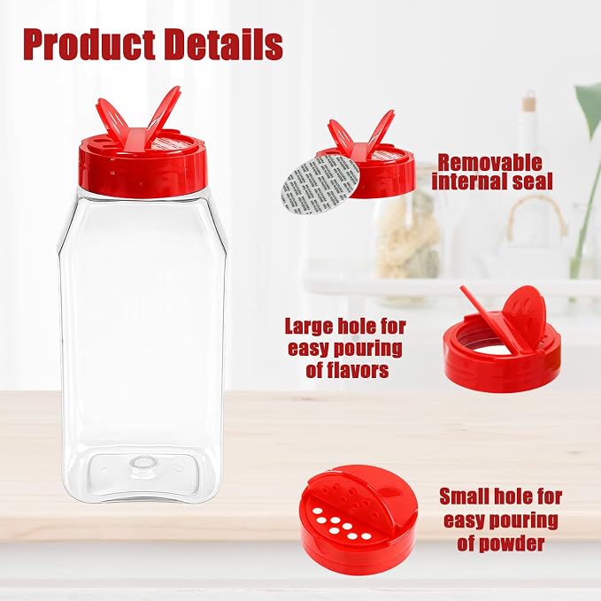 28 Pack 16 Oz Plastic Spice Jars Bottles Containers with Red Cap Empty Seasoning Bottles Large Clear Spice Shaker and Stickers for Storing Spice, Salt, Herbs