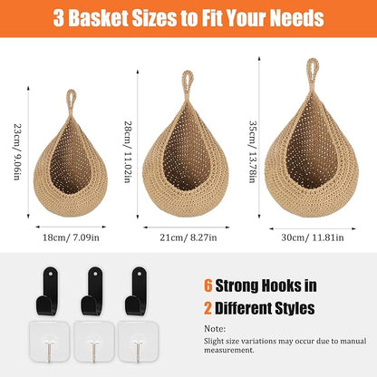 Hanging Fruit Baskets for Kitchen, 3 Pack Boho Hanging Wall Basket with 6 Pcs Strong Hooks, Teardrop Storage Baskets for Fruits, Vegetables, Onion - Decorative Organizing Wall Baskets for Home