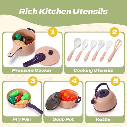 CUTE STONE 51-Piece Mini Play Kitchen Accessories for Kids, Pretend Cooking Playset with Pots, Pans, Utensils, Cutting Fun Fruits & Veggies, Learning Gift for Toddlers, Girls & Boys