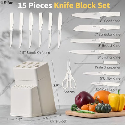 E-far Knife Set, 15-Piece Kitchen Knife Block Set with Sharpener, High Carbon Steel Chef Paring Steak Knives with Ergonomic Non-Slip Handle, Anti-Rust & Razor Sharp, White