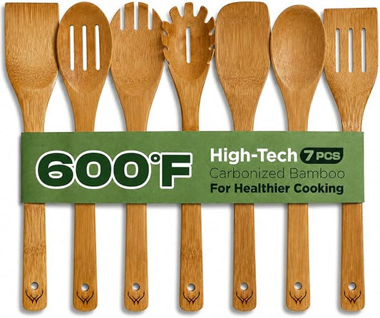 7PCS Carbonized Bamboo Wooden Spoons for Cooking Set, Premium Kitchen Utensils for Nonstick Cookware, Durable Wooden Cooking Tools
