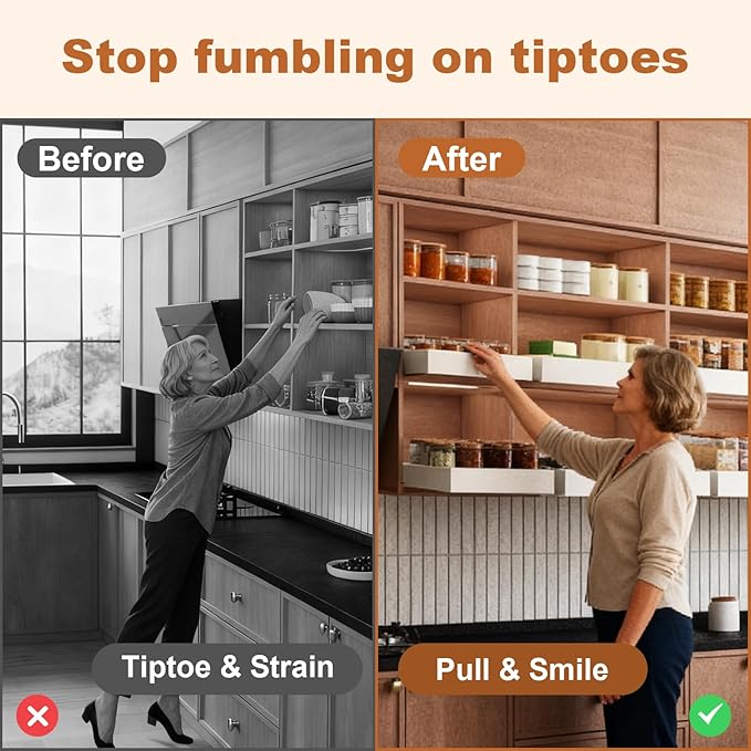 2Pc Pull out Cabinet Organizer,Width (18"-25") and Depth (10"-13") Expandable,No Drill Adjustable Slide out Drawers for Pantry,Adhesive Roll out Shelves Short,for upper cabinet,White