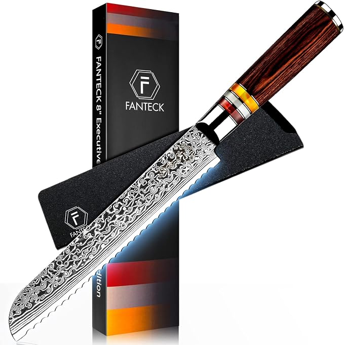 FANTECK Bread Knife,8" Serrated Kitchen Knife, VG10 Damascus Pro High Carbon Stainless Steel 67-Layer Knife for Homemade Bread,Razor Sharp Edge for Efficient Slicing Sourdough Bread, Bagels, Cake