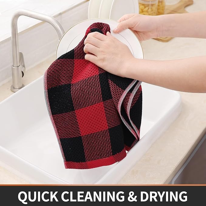 Homaxy Kitchen Towels and Dishcloths Set, 12 x 12 and 13 x 28 Inches, Set of 10 100% Cotton Waffle Weave Check Plaid Kitchen Dish Towels, Super Soft and Absorbent Dish Cloths, Black & Red