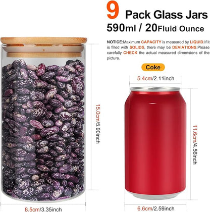 Glass Food Storage Containers Jars with Airtight Bamboo Lid 20 oz 9 pcs, 590 ml Pantry Organization Jar, Glass Terrarium with Lid, Spice, Flour and Sugar Container, Canister Set for Kitchen Counter