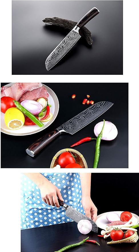 Damascus Chef Knife Set. Professional Japanese High Carbon Steel. 7Cr17mov Blade. Ergonomic comfort Woden Handle. 7 Inch