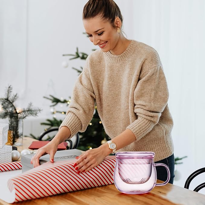 DOPUDO 11oz Pink Glass Tea Cup with Infuser and Lid– Versatile and Elegant Gift for Women, Perfect for Loose Leaf Tea and Other Beverages.
