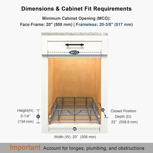 Pull Out Shelves - 20" W x 22" D Soft Close Pull Out Cabinet Organizer 1 Tier - Sliding Shelves with Shelf Liner - Heavy Duty Steel Wire Drawers for Kitchen Cabinets, Pantry, Bathroom
