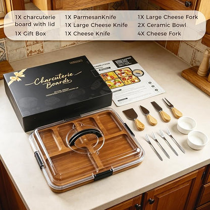 Renmxj Charcuterie Boards with Lid Gift Set, 2 in 1 Travel Portable Cheese Board with Knives Set, Carbonized Bamboo Charcuterie Tray, Housewarming Gifts New Home, Picnic, Wedding Gifts, Black Handle