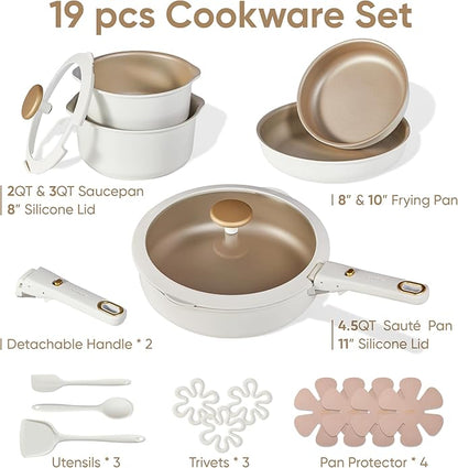 CAROTE 19 Pcs Pots and Pans Set, Nonstick Cookware Sets with Detachable Handle, Oven Safe, Cookware Non Stick Cooking Set w/Frying Pans & Saucepans White(PFOS, PFOA Free)