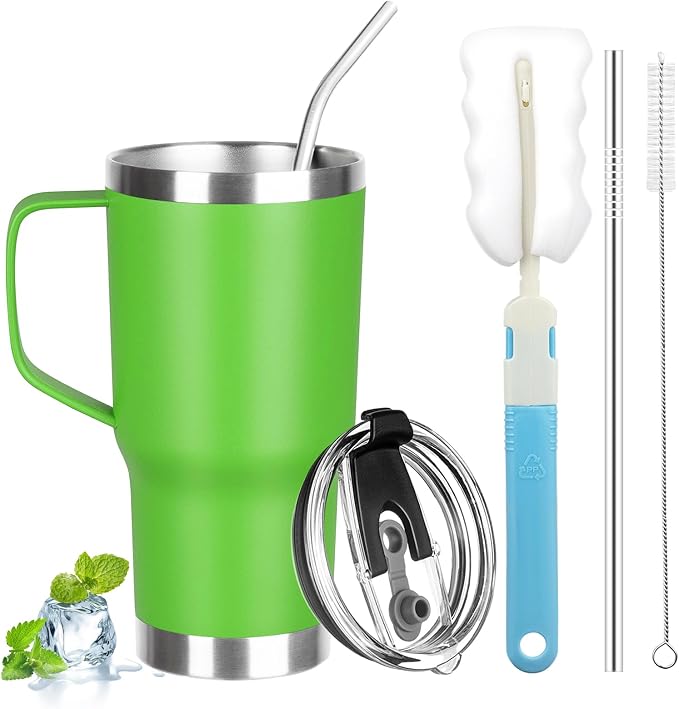 20 oz Tumbler with Handle, Stainless Steel Insulated Tumbler with Lid and Straw, Double Wall Vacuum Coffee Mug Tumbler, Insulated Coffee Thermal Cup for Cold and Hot (Bright Green, 20, ounces)