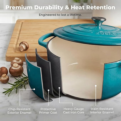 Zulay Kitchen 5 Quart Enameled Cast Iron Dutch Oven Pot with Lid – Premium Durability & Oven Safe up to 500°F – Heavy Duty Cookware Perfect for Bread Baking, Stews, Braising & Roasting – Light Blue
