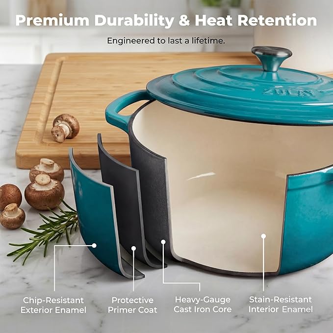 Zulay Kitchen 7.7 Quart Enameled Cast Iron Dutch Oven Pot with Lid – Premium Durability & Oven Safe up to 500°F – Heavy Duty Cookware Perfect for Bread Baking, Stews, Braising & Roasting – Light Blue
