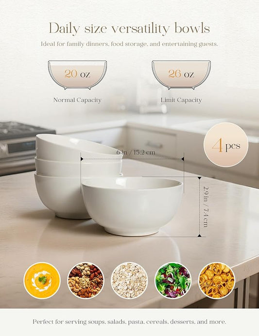 AISBUGUR 26 oz Soup Bowls Set of 4 Cereal Bowl: Ramen Bowl Fruit,Salad and Rice Bowl for Kitchenware Set for Dishwasher & Microwave Safe,White Bowls 6in