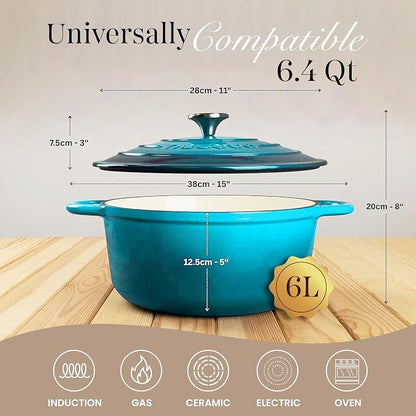 Nuovva Enamelled Cast Iron Dutch Oven Pot with Lid 6.4 Quart Non Stick Casserole Pot-Heavy Duty & Oven Safe up to 500° F for Bread Baking, Braising, Stews, Roasting - 28cm Light Blue