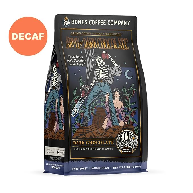 Bones Coffee Company Decaf Army Of Dark Chocolate Flavored Coffee, Dark Roast Low Acid Coffee,12 Oz Whole Bean