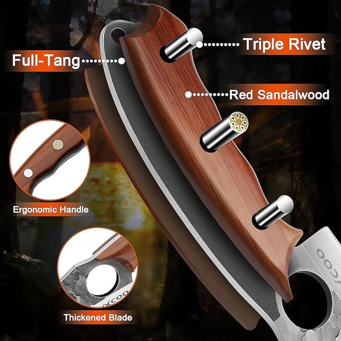 Hand Forged Hunting Knife with Leather Sheath High Carbon Steel Full Tang Butcher Boning Knife for Camping Hiking Fishing BBQ Single Blade Outdoor Cleaver for Meat Cutting and Game Processing