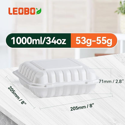 55-Pack 34oz 8 Inch Food Containers - Shrink Wrapped No Pre-Wash | 3-Compartment Reusable & Secure Snap Closure | Bpa Free Microwave Safe for Leftovers, Work Meals, Takeout & Meal Prep, White