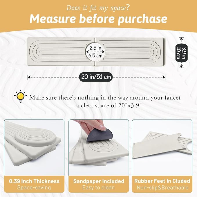 Stone Faucet Mat Handle Drip Catcher, Dish Drying Mat Soap Sponge Holder Tray for Kitchen Accessories, Bathroom Counter Sink Splash Guard, Home Organization Gadgets Organizer for Farmhouse, Ash Gray