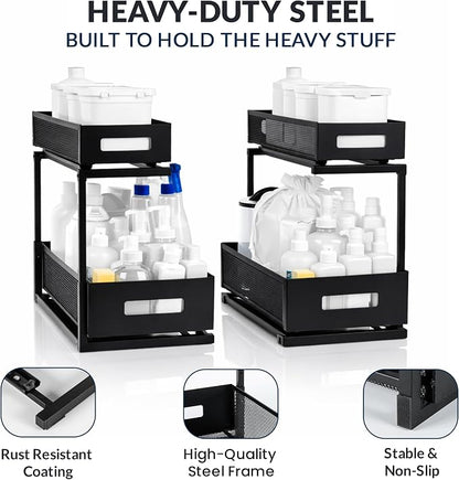 Under Sink Organizer Set of 2, Heavy Duty Matte Black Metal Cabinet Organizer with Retractable Shelves, Adjustable Height, Expandable Storage for Kitchen Bathroom and Laundry Room