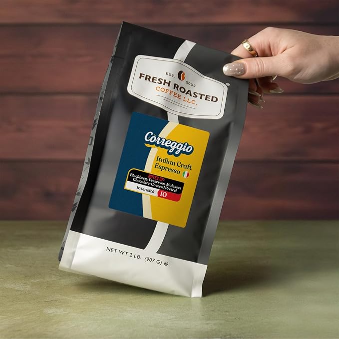 Fresh Roasted Coffee, Correggio Italian Craft Artisan Blend Whole Bean Coffee, Dark Roast, Kosher, 2 lb (32 oz)