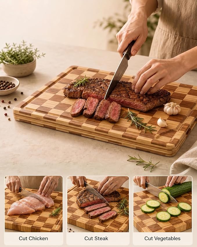 Cutting Board,Heavy Duty Cutting Board Set of 3 with Stand,End Grain Butcher Block Cutting Boards for Kitchen with Juice Grooves and Handles for Meat, Cheese, Charcuterie and Serving