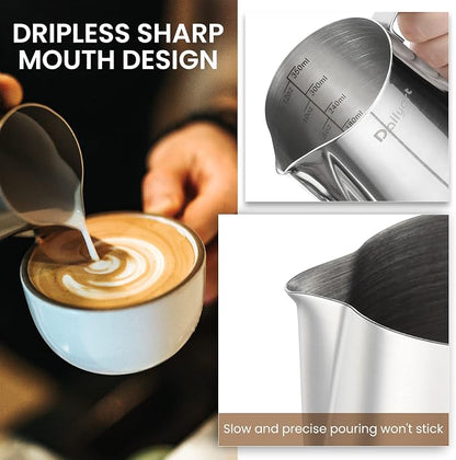 Milk Frothing Pitcher, Dailyart 12oz/350ml Milk Frother Cup 304 Stainless Steel Milk Steamer Cup with Scale, Espresso Machine Accessories, Milk Pitcher with Art Pen for Cappuccino Coffee Latte Art