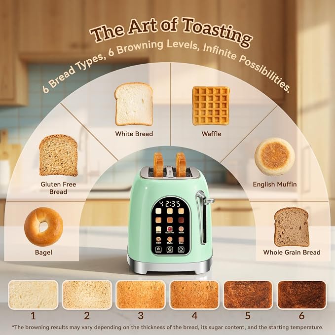 RONGBEST Retro Touch Screen Toaster 2 Slice Wide Slot Stainless Steel with 6 Browning Levels for Breakfast Bagel & Bread, Reheat & Defrost, Removable Crumb Tray, Mint Green