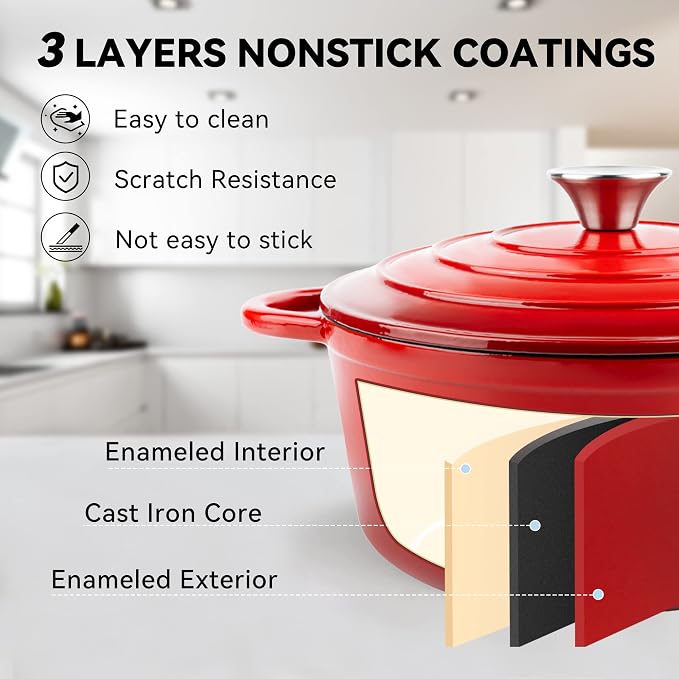 Miereirl 4.5 Quart Enameled Dutch Oven Pot with Lid, Cast Iron Dutch Oven with Dual Handles for Bread Baking, Cooking, Non-stick Enamel Coated Cookware (Red)