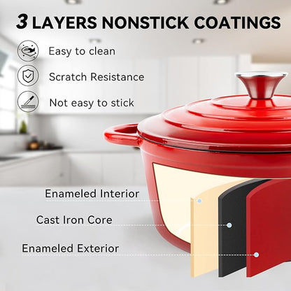 Miereirl 4.5 Quart Enameled Dutch Oven Pot with Lid, Cast Iron Dutch Oven with Dual Handles for Bread Baking, Cooking, Non-stick Enamel Coated Cookware (Red)
