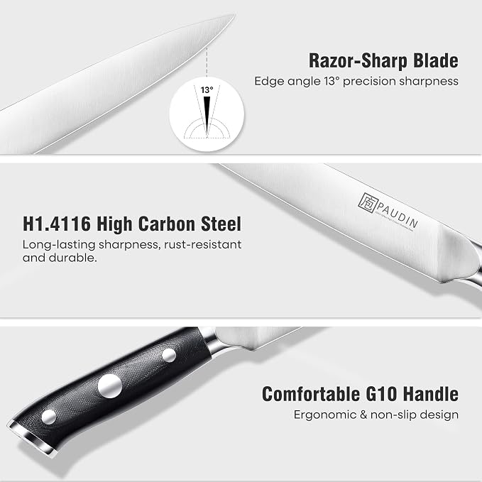 PAUDIN Carving Knife Set, 8 inch German High Carbon Stainless Steel Meat Slicing Knife with 7 inch Turkey Fork, Ergonomic Full Tang G10 Handle, Dishwasher Safe,BBQ Brisket Slicer,Cooking Gifts for Men