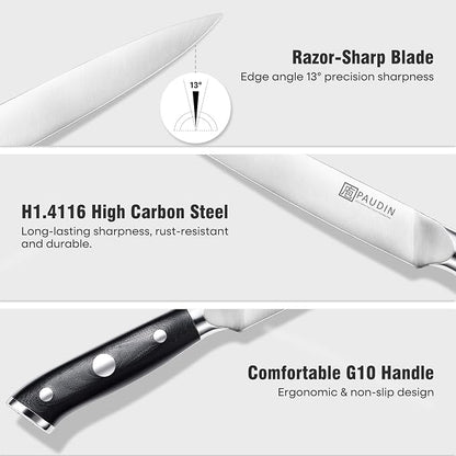 PAUDIN Carving Knife Set, 8 inch German High Carbon Stainless Steel Meat Slicing Knife with 7 inch Turkey Fork, Ergonomic Full Tang G10 Handle, Dishwasher Safe,BBQ Brisket Slicer,Cooking Gifts for Men