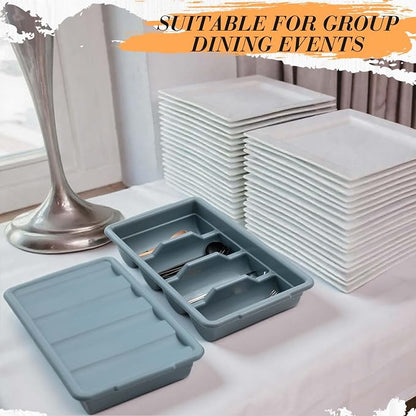 Maxdot 4 Pcs 20.5 x 11.9 x 3.7 Inch Silverware Organizer with Lid, Commercial 4-compartment Restaurant Kitchen Cutlery Tray, Plastic Silverware Storage Container, Condiments Holder (Grayish Blue)