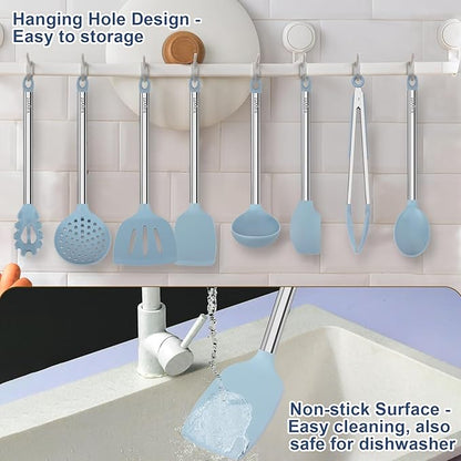 8PCS Kitchen Utensils Set, Vayvnt Heat Resistant Silicone Utensils Set for Cooking, Non Scratch Spatula Spoons for Non Stick Pan, Large Kitchen Cooking Tools, Metal Long Handle&Dishwasher Safe, Blue